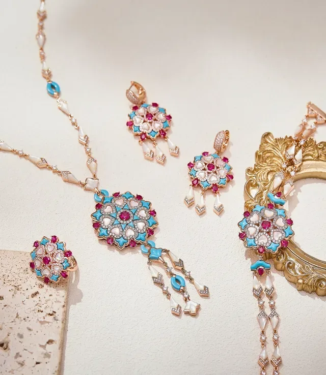 Bague en forme de cœur avec médaillon floral rose et bleu avec incrustations de nacre 2