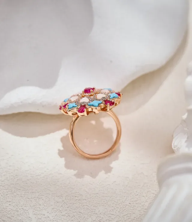 Bague en forme de cœur avec médaillon floral rose et bleu avec incrustations de nacre 3