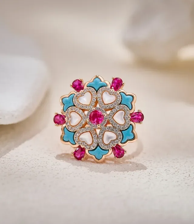 Bague en forme de cœur avec médaillon floral rose et bleu avec incrustations de nacre 4
