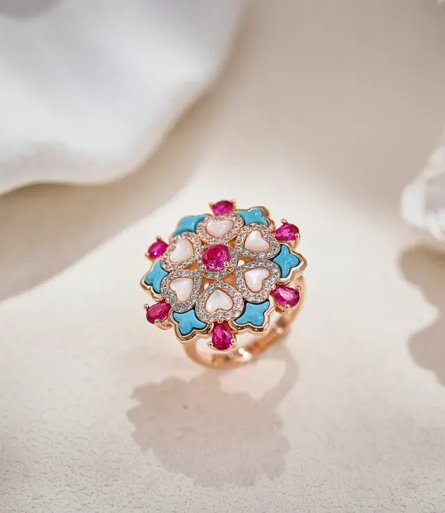 Bague en forme de cœur avec médaillon floral rose et bleu avec incrustations de nacre 5