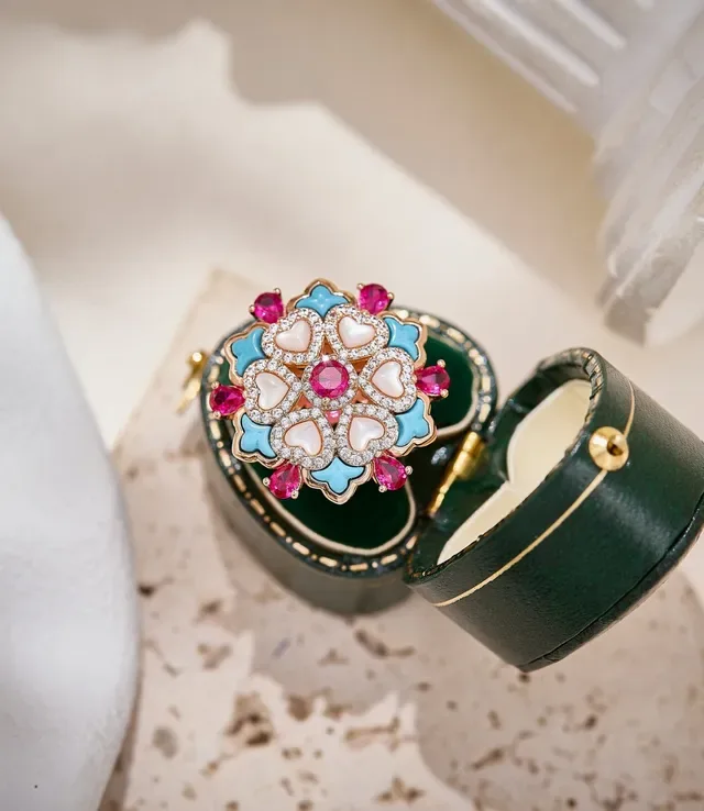 Bague en forme de cœur avec médaillon floral rose et bleu avec incrustations de nacre 6
