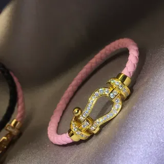 Pink Gold Braided Leather Cord Crystal-Studded Buckle Clasp Bracelet
