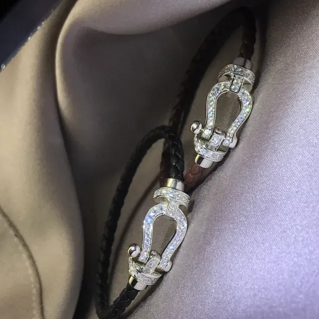Pink Gold Braided Leather Cord Crystal-Studded Buckle Clasp Bracelet 2