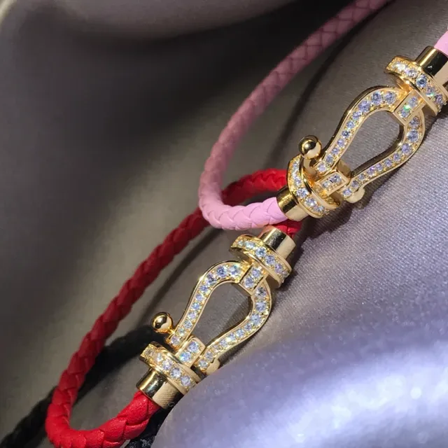 Pink Gold Braided Leather Cord Crystal-Studded Buckle Clasp Bracelet 3