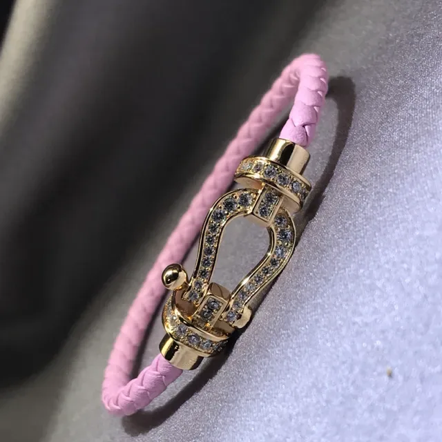 Pink Gold Braided Leather Cord Crystal-Studded Buckle Clasp Bracelet 5