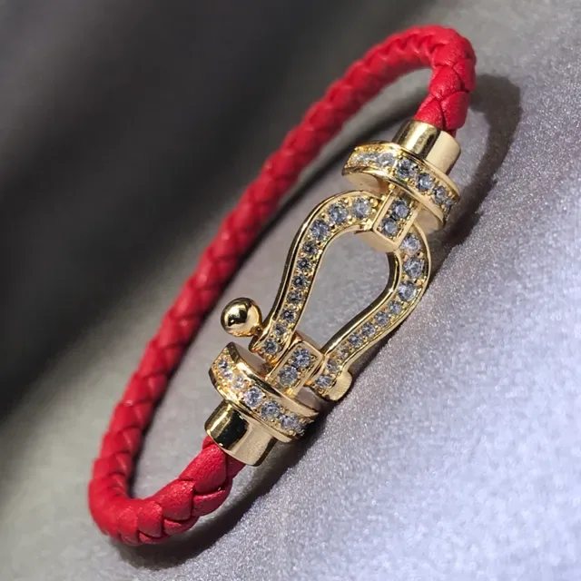 Pink Gold Braided Leather Cord Crystal-Studded Buckle Clasp Bracelet 6