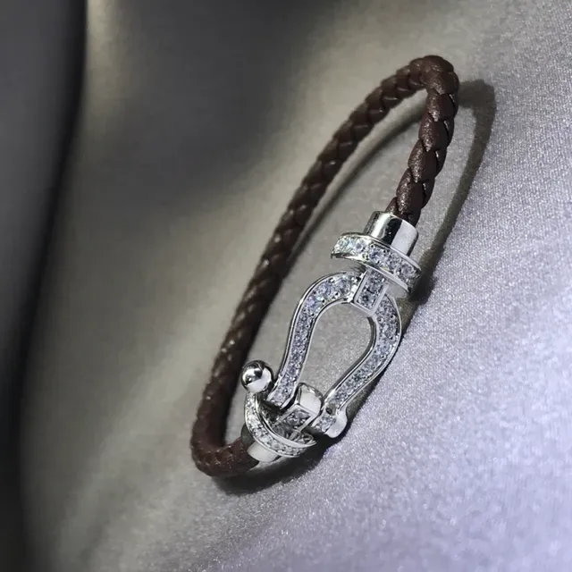 Pink Gold Braided Leather Cord Crystal-Studded Buckle Clasp Bracelet 7