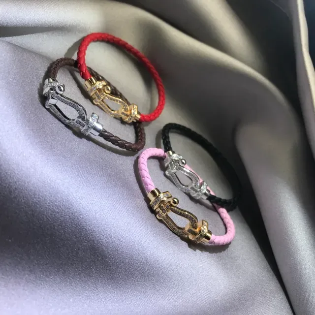 Pink Gold Braided Leather Cord Crystal-Studded Buckle Clasp Bracelet 8
