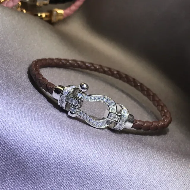 Pink Gold Braided Leather Cord Crystal-Studded Buckle Clasp Bracelet 9