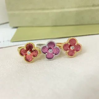 Pink Gold Four-Petal Flower Motif Enamel-Filled Petals Ring