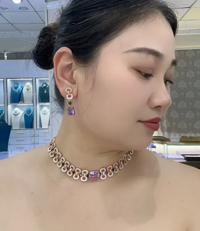 Purple and Green Gemstone Link Earrings 2