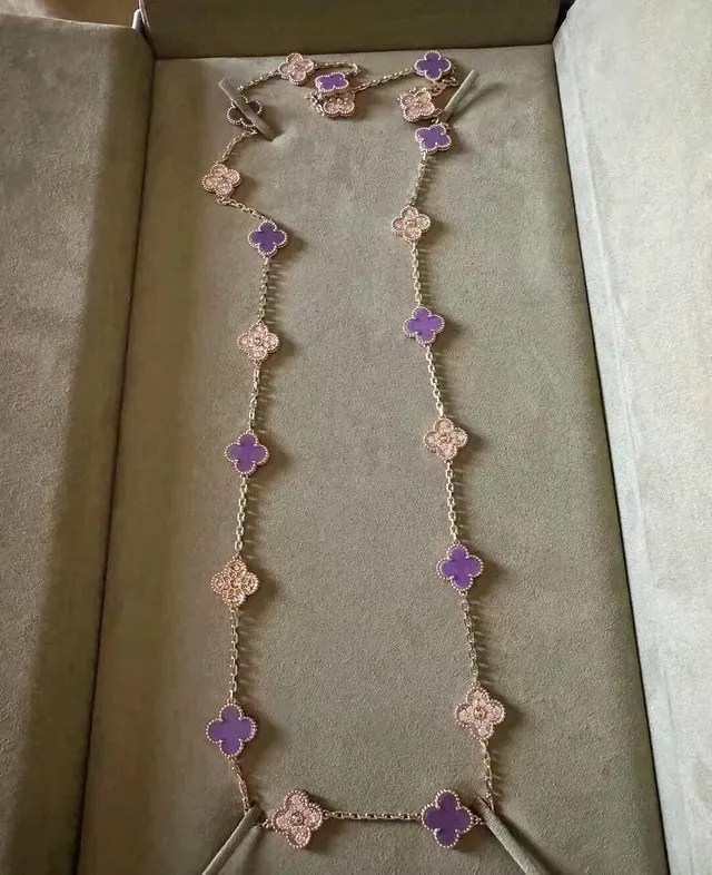 Purple Gold Chain Alternating Clover-Shaped Pendants Necklace 3