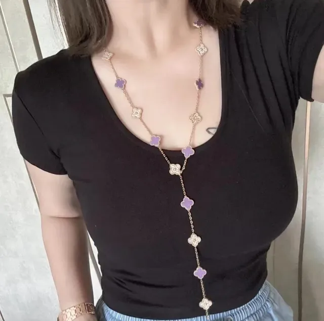 Purple Gold Chain Alternating Clover-Shaped Pendants Necklace 4