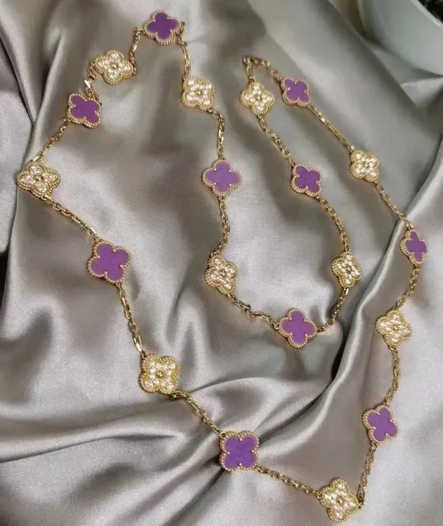 Purple Gold Chain Alternating Clover-Shaped Pendants Necklace 5