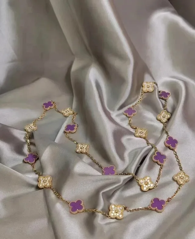 Purple Gold Chain Alternating Clover-Shaped Pendants Necklace 6