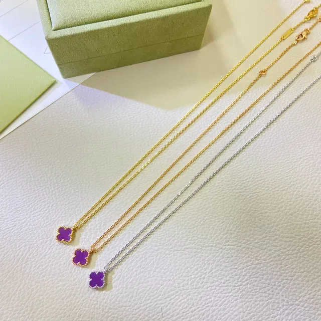 Purple Gold Clover-Shaped Pendant Beaded Bezel Edge Necklace 2