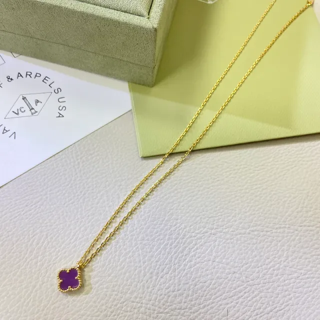 Purple Gold Clover-Shaped Pendant Beaded Bezel Edge Necklace 5