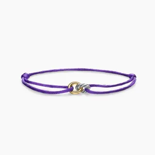 Pulsera de cordón de aspecto de seda púrpura dorado doble tono con anillos entrelazados