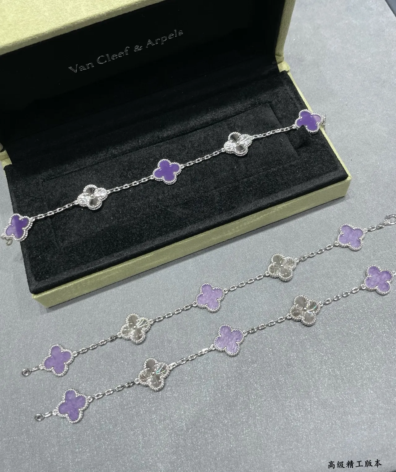 Purple Silver Clover-Shaped Charms Enamel Inlay Bracelet 4