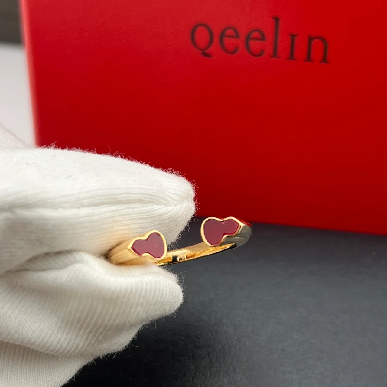 qeelin Heart-Tipped Open Gold Red C-Shaped Ends Ring 4