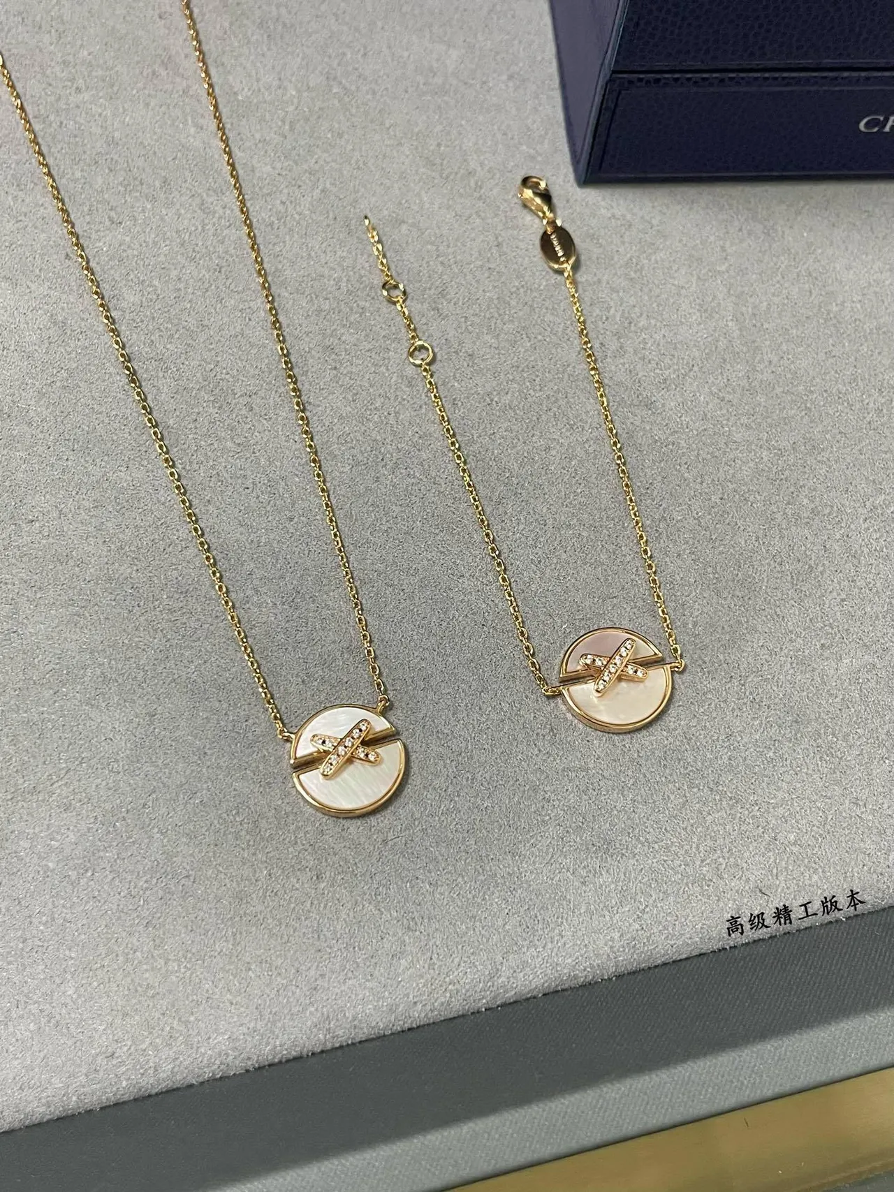 Red and White Enamel Mother-of-Pearl Disc Pendant Necklaces 2