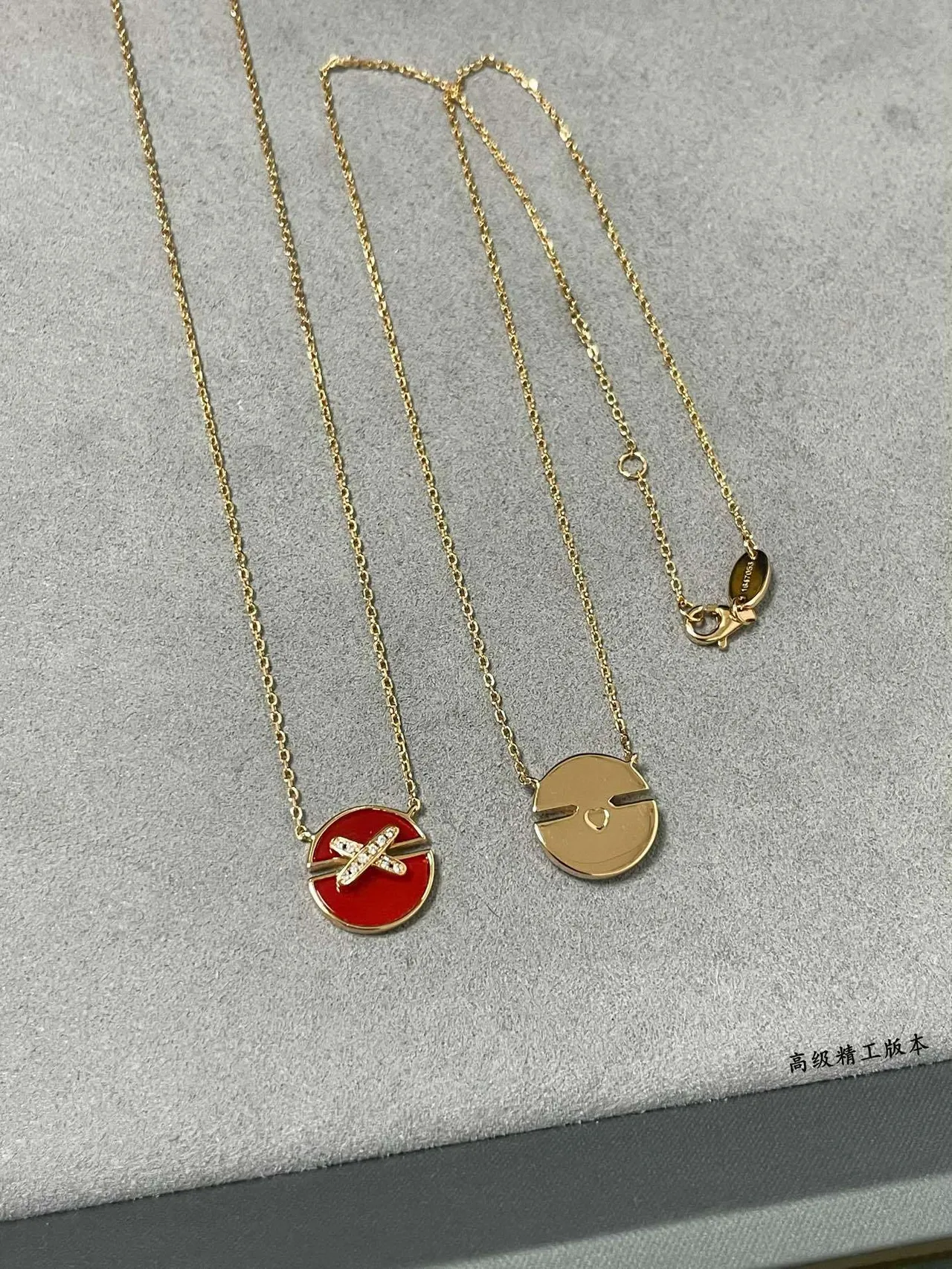 Red and White Enamel Mother-of-Pearl Disc Pendant Necklaces 6