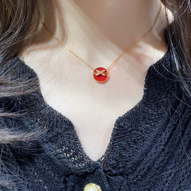 Red and White Enamel Mother-of-Pearl Disc Pendant Necklaces 8