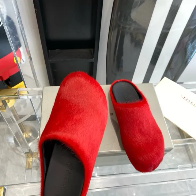 Red Black Plush Fur-Like Upper Open-Back Slip-On Casual Shoes 6