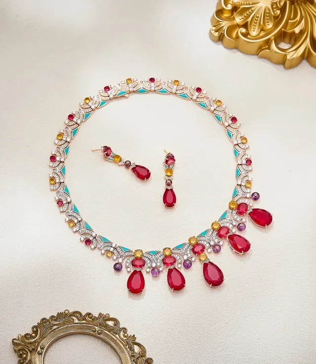 Red Multicolor Multi-Gemstone Enamel Inlay Necklace 4