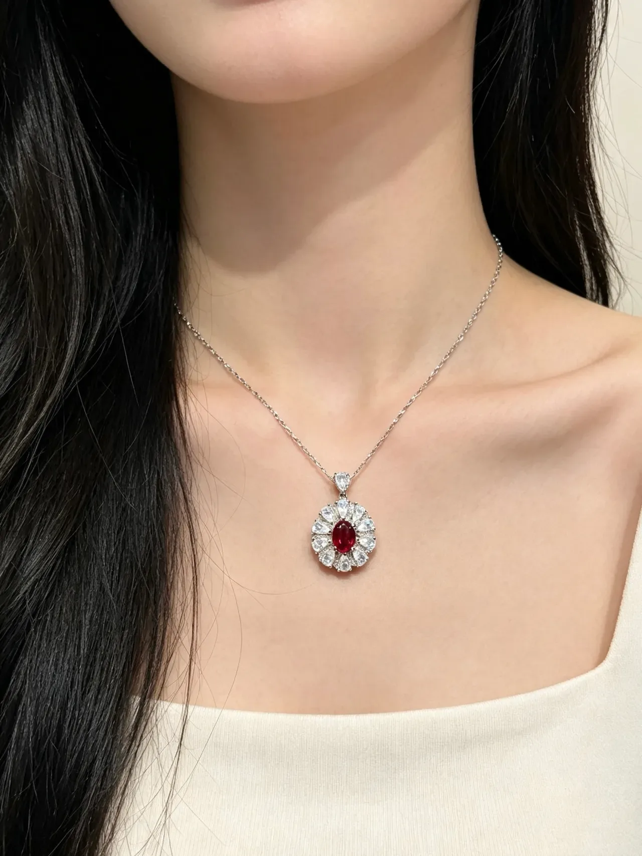 Red Silver Floral Halo Design Oval Central Stone Necklace 2