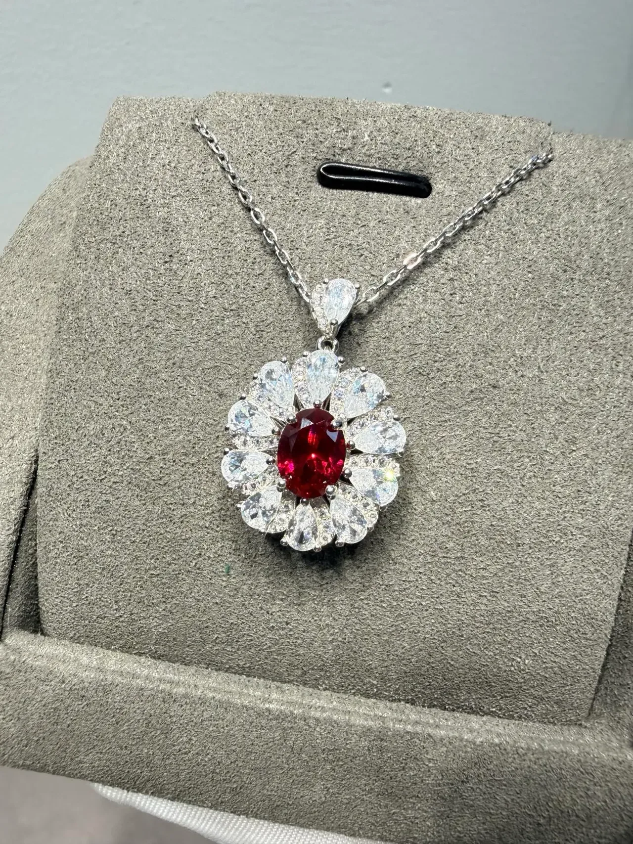 Red Silver Floral Halo Design Oval Central Stone Necklace 7