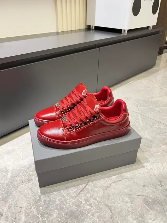Red Smooth Leather Low-Top Lace-Up Sneakers 5