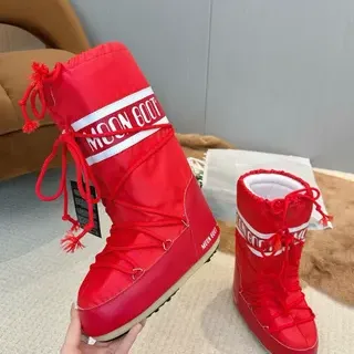 红色白色保暖高筒靴抽绳雪靴