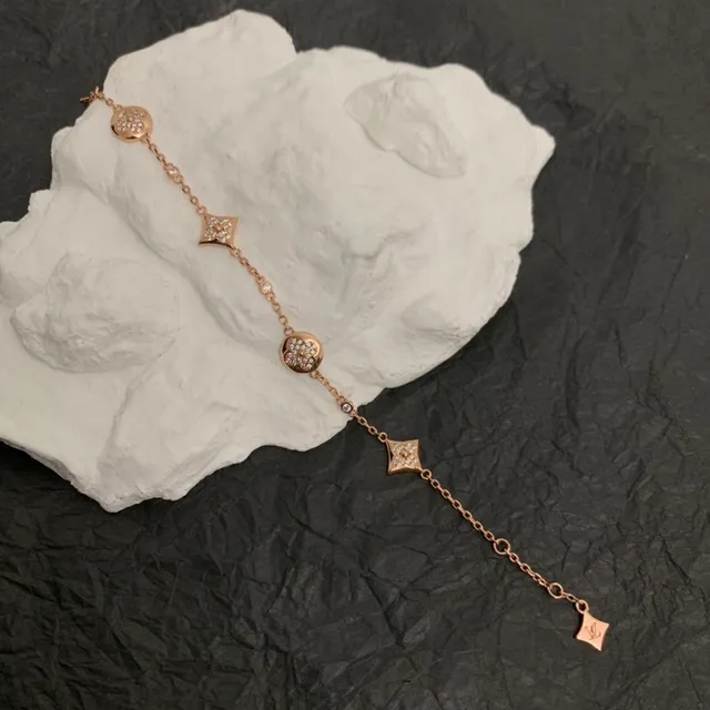 Rose Gold Pavé Floral and Square Charm Chain Bracelet 4