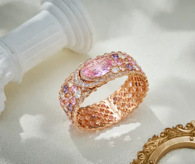 Rose Gold Pink Oval Gemstone Wide Bangle Bracelet 4