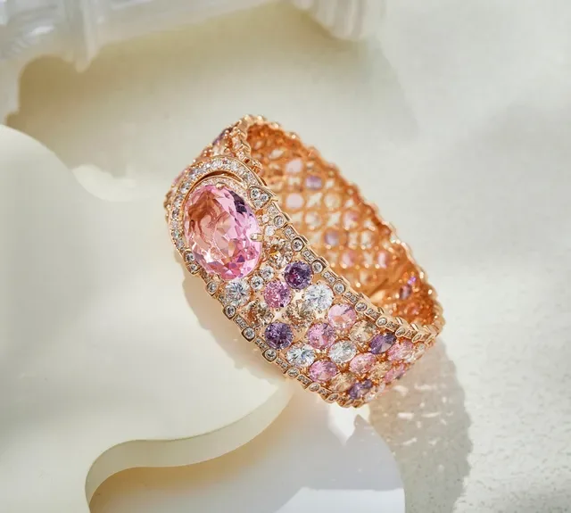 Rose Gold Pink Oval Gemstone Wide Bangle Bracelet 5