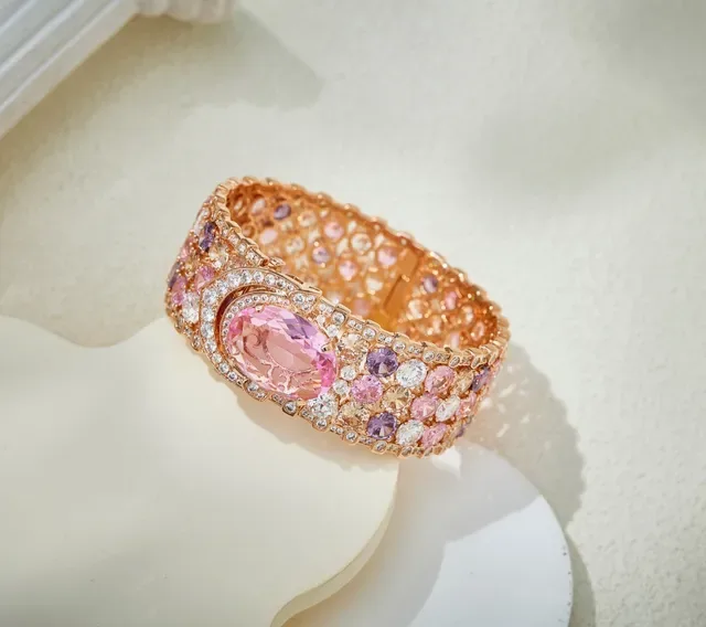 Rose Gold Pink Oval Gemstone Wide Bangle Bracelet 6