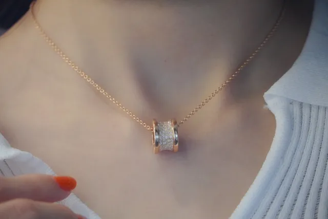 Rose Gold-Toned Pavé Cylindrical Pendant Necklace 7