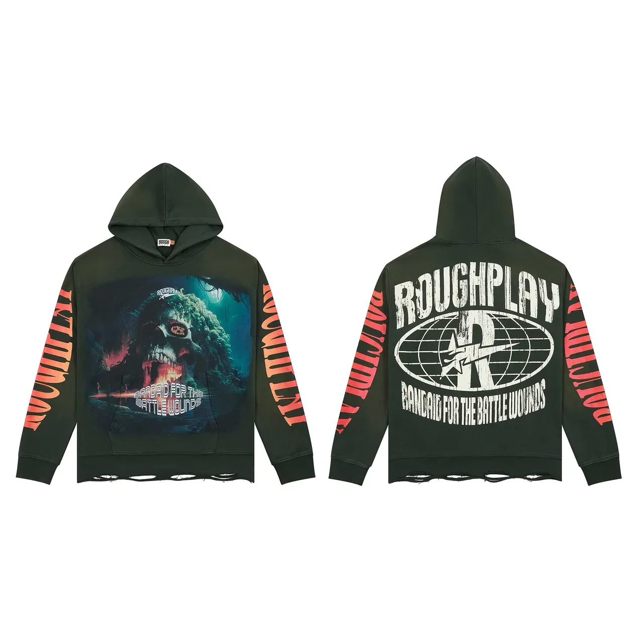 Rough Play Graphic Print Distressed Green Hoodie 2