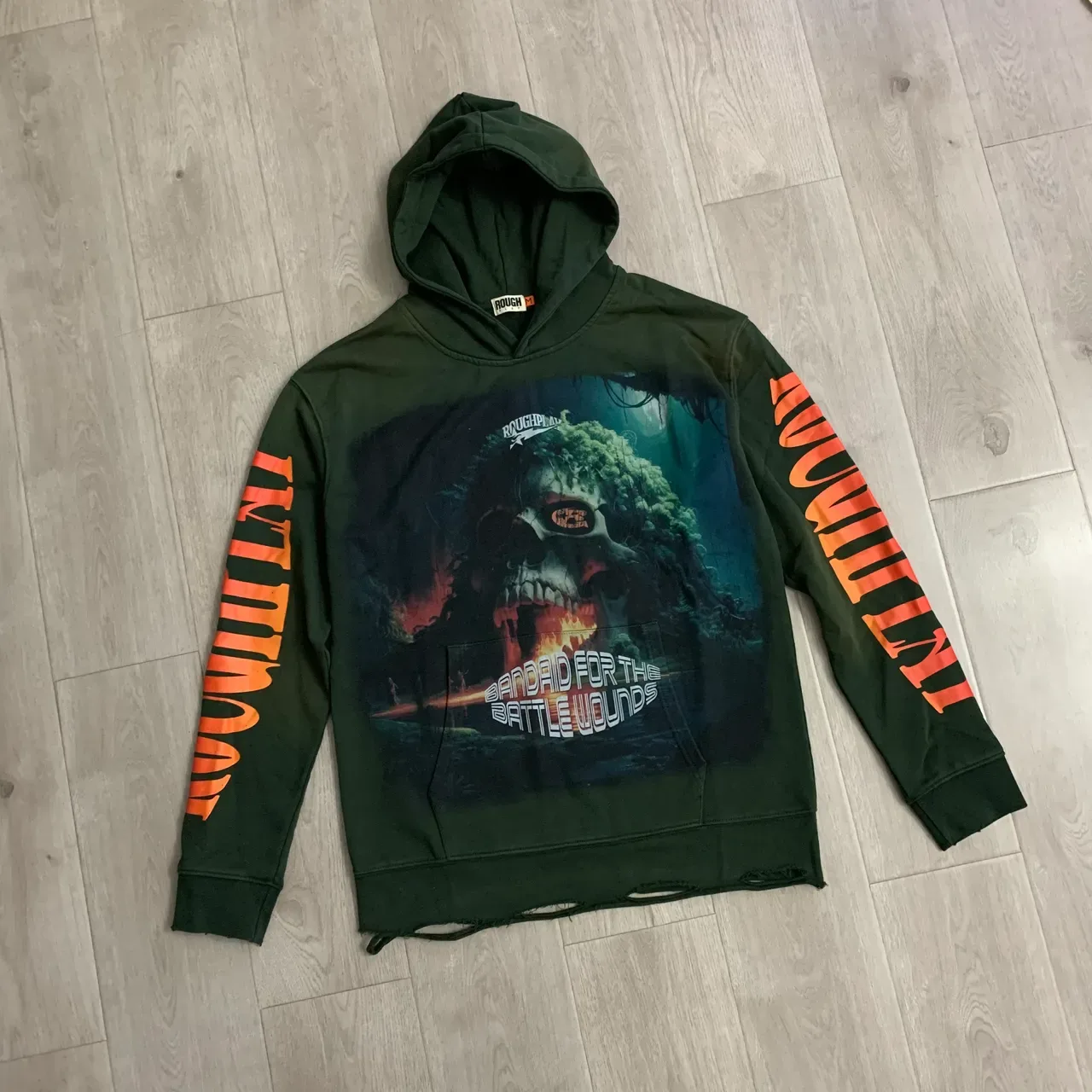 Rough Play Graphic Print Distressed Green Hoodie 5