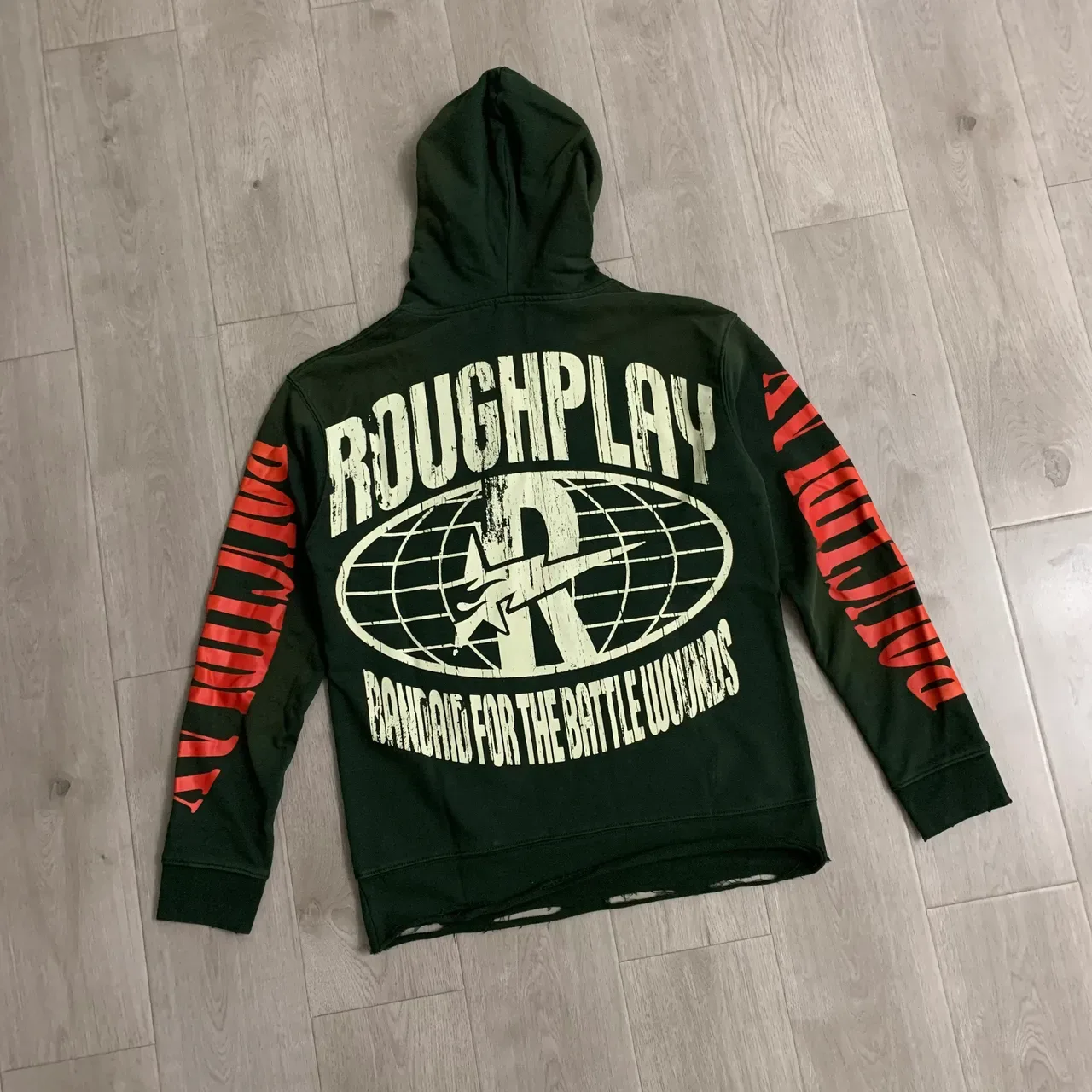 Rough Play Graphic Print Distressed Green Hoodie 6