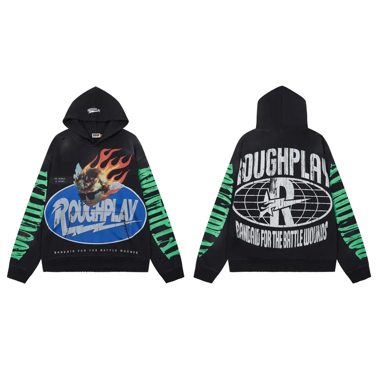 Roughplay Battle Wounds Black Green Graphic-Print Distressed Typography Hoodie 2