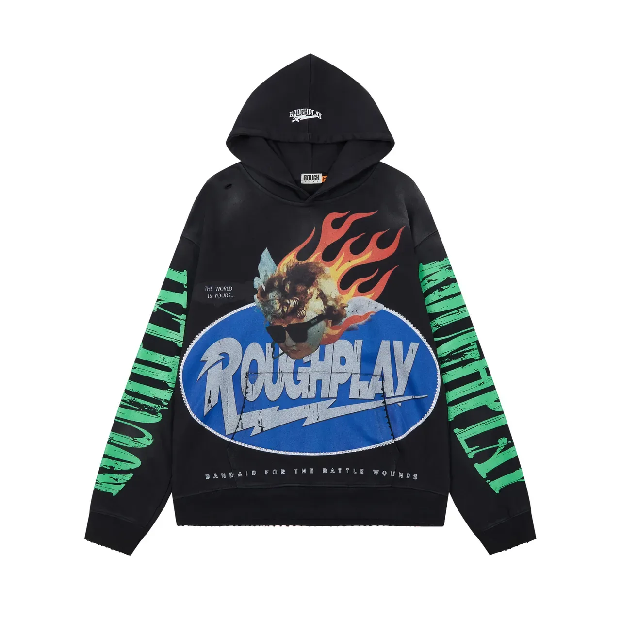 Roughplay Battle Wounds Black Green Graphic-Print Distressed Typography Hoodie 3