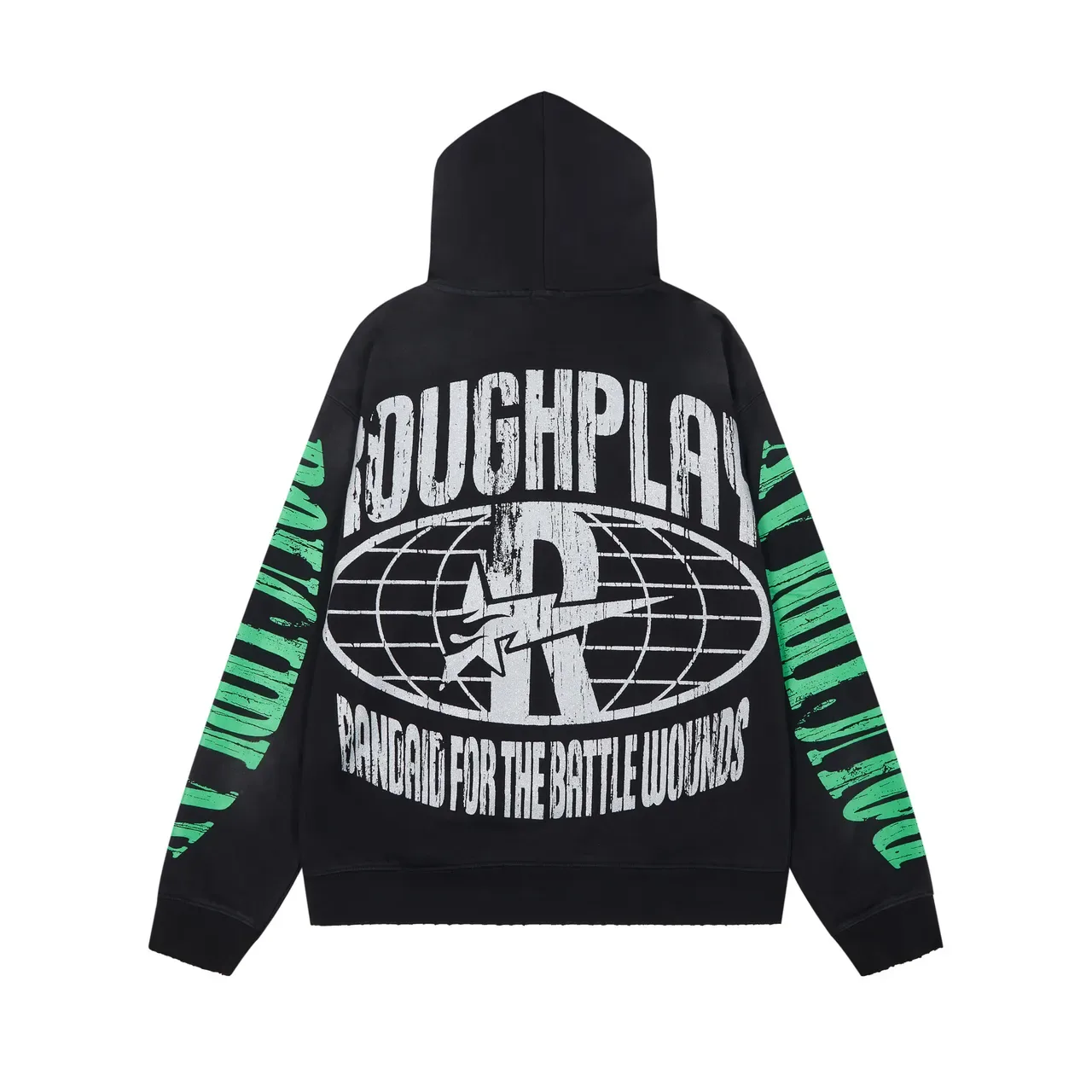 Roughplay Battle Wounds Black Green Graphic-Print Distressed Typography Hoodie 4