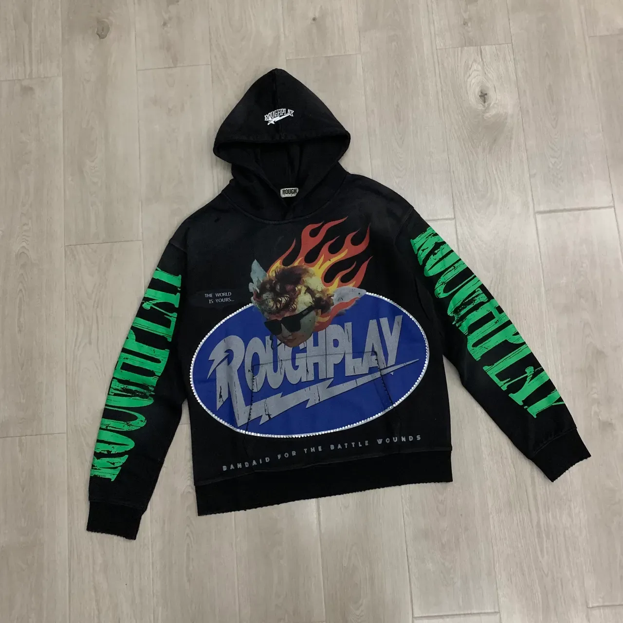 Roughplay Battle Wounds Black Green Graphic-Print Distressed Typography Hoodie 5