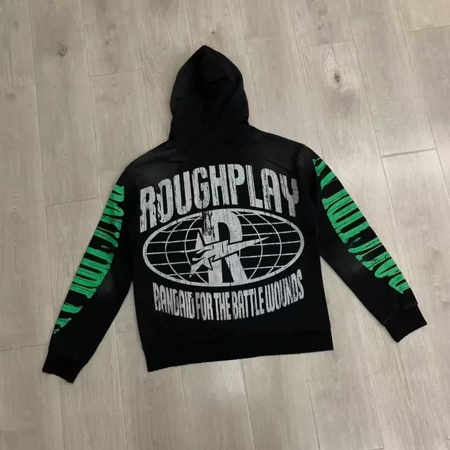 Roughplay Battle Wounds Black Green Graphic-Print Distressed Typography Hoodie 6