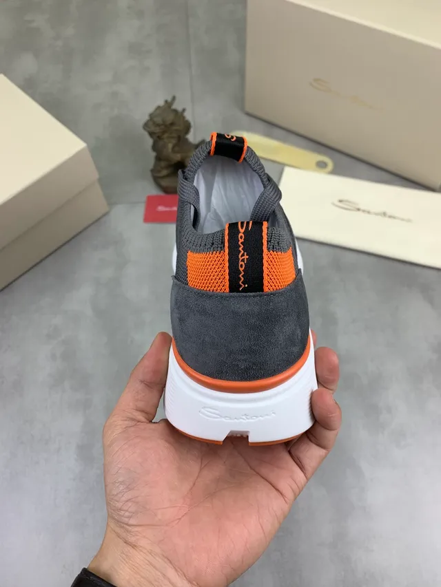 Santoni Gray Orange Knit Upper Lace-Up Sneakers 2