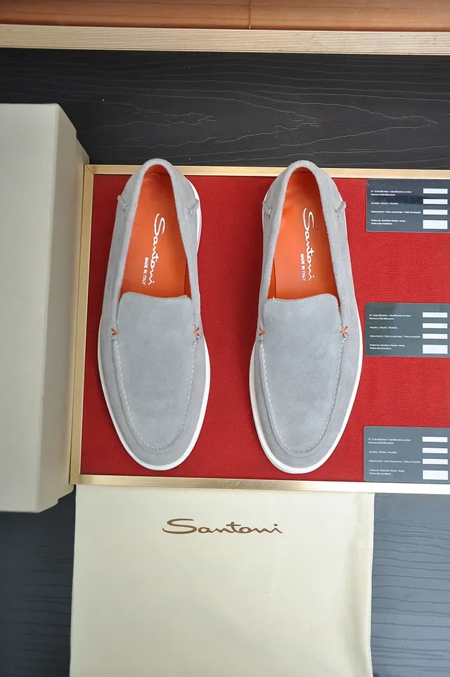 Santoni Gray Orange Suede Upper Moccasin-Stitched Vamp Loafer 5