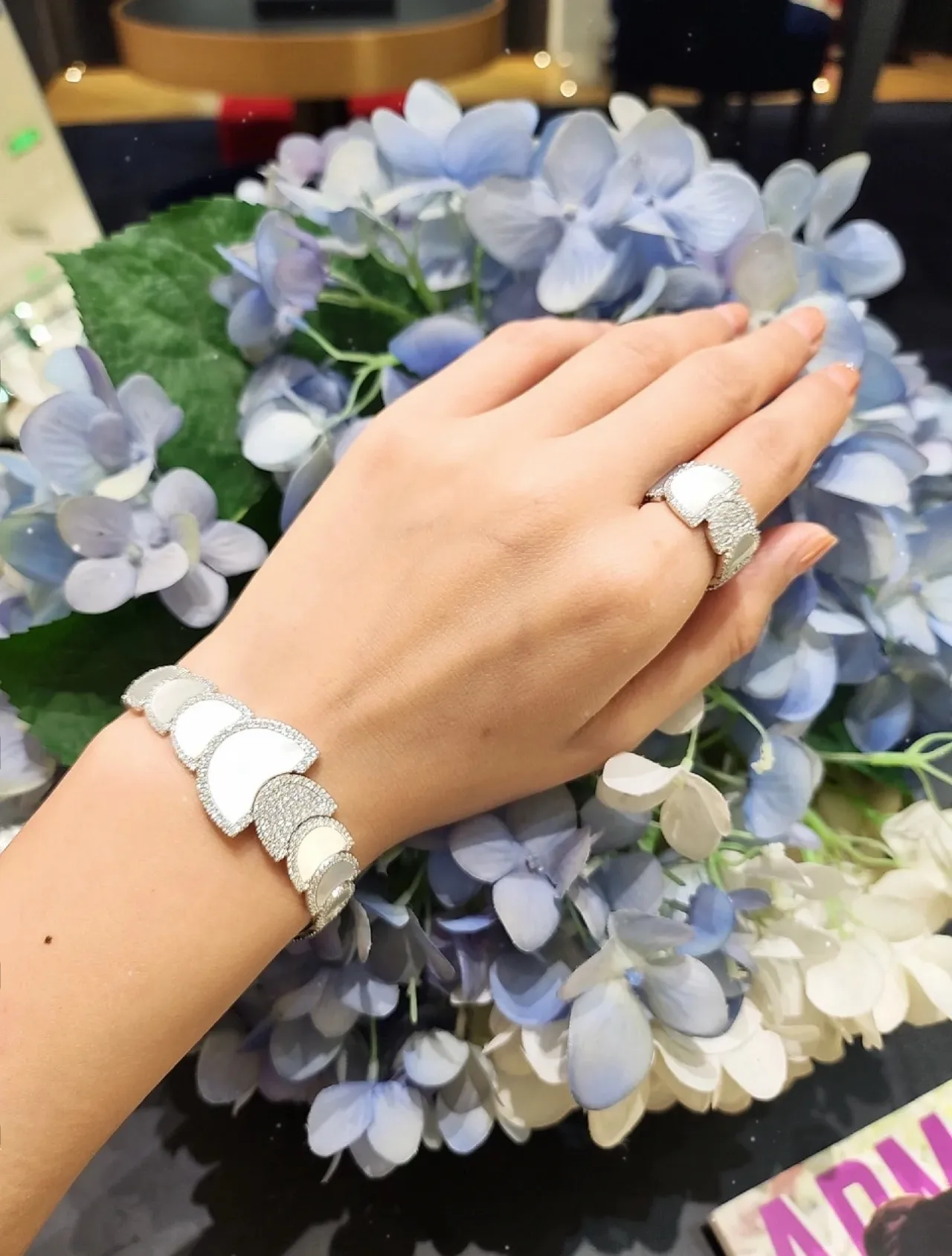 Segmented Crescent Motif Pavé Mother-of-Pearl Bracelet 2