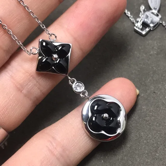 Silver Black Chain Enamel Floral Pendants Necklace 3